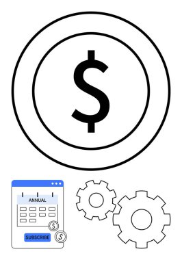 Yıllık takvim ve vites simgelerinin yanında dolar işareti daire şeklinde. Mali planlama, muhasebe, abonelik hizmetleri, iş stratejisi, ekonomik tahminler, bütçe yönetimi için ideal