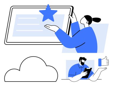 Tablette bir yıldız sunan bir kadın, elinde tablet tutan bir adam baş parmağını kaldırıyor, bulut sembolü. Takım çalışması, tanınma, bulut depolama, dijital onay, çevrimiçi iletişim ve uzak çalışma için ideal