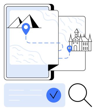 Mobil cihaz dağlardan tarihi bir binaya giden yolu gösteren dijital bir harita gösteriyor. Mavi lokasyon iğneleri, kontrol işaretleri ve büyüteç. Seyahat planlama, seyrüsefer ve turizm için ideal