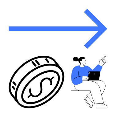 Mavi ok sağı gösteriyor, dolar sembollü bir bozuk para, el kol hareketi yaparken dizüstü bilgisayar kullanan biri. Ticari büyüme, mali başarı, ekonomik eğilimler, dijital ekonomi ve yatırım stratejileri için ideal