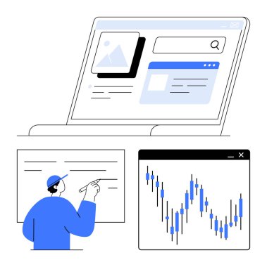Sunum panosuna, dijital ekrandaki bar grafiğine ve online arama sonuçlarını gösteren dizüstü bilgisayara bakan adam. İş raporları, piyasa analizi, eğitim içeriği, sunumlar için ideal