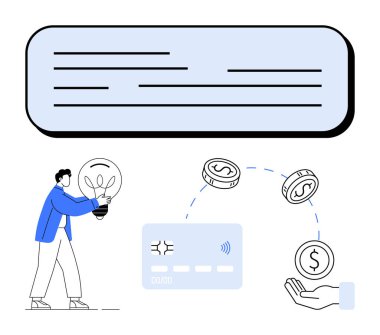 Ampul tutan kişi, kablosuz sembollü kredi kartı, bozuk para yakalayan kişi. Finansal eğitim, bankacılık, mobil ödeme, finans, e-ticaret, çevrimiçi yatırım içgörüleri için ideal