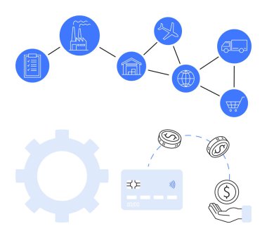 Pano, fabrika, depo, uçak, dünya, kamyon, alışveriş arabası teçhizatı, dolar işaretli kredi kartı paraları dahil olmak üzere tedarik zincirleri ağı. Lojistik finans sektörü için ideal