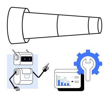 Teleskop yapay zeka robotu büyüme grafiği analitik araçlarını ve dişli simgesini gösteriyor. Teknoloji, yenilik, veri analizi, yapay zeka, büyüme, keşif ve ilerleme için idealdir. Satır metaforu