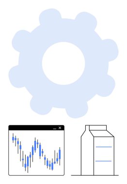 Large gear symbolizing industrial operations, stock market candlestick chart for financial analysis, and simple packaging box for manufacturing. Ideal for industry, finance, production, economy clipart