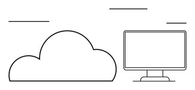 Bulut bilgisayar ve veri depolamayı temsil eden bulut sembolünün yanındaki bilgisayar monitörü. Teknoloji, bilişim, ağ, uzaktan çalışma, online işbirliği, bulut hizmetleri, veri güvenliği için ideal. Satır metaforu