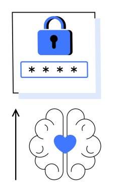 Mavi asma kilit. Şifreli, kalpli, soyut bir beyin. Siber güvenlik, duygusal zeka, akıl sağlığı, mahremiyet, güvenlik, farkındalık ve denge için idealdir. Satır metaforu