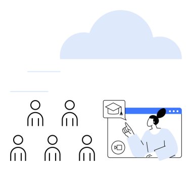 Bulut yukarıda, altı çubuk figürlü öğrenci, çevrimiçi öğrenim penceresi ve mezuniyet şapkası ikonunu gösteren kadın figürü. E-öğrenim, bulut depolama, çevrimiçi eğitim, sanal sınıflar, uzaktan kumanda için ideal