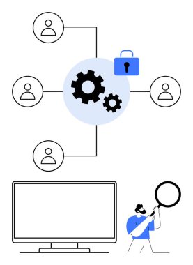 Dişliler ve merkezde kilitlenen takım ağı, hatlarla birbirine bağlı kullanıcılarla çevrili. Büyüteci ve bilgisayarı olan bir adam. Takım çalışması, veri koruması, iletişim, bağlantı, güvenlik için ideal