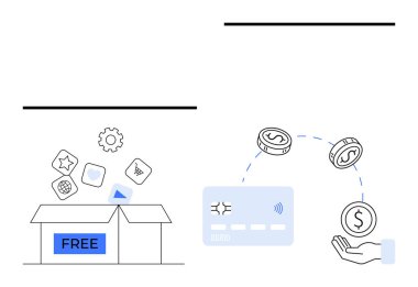 Üzerinde uygulama simgeleri olan ücretsiz kutucuk. Yakınlarda, elinde bozuk para olan bir kredi kartı. Dijital hizmetler, fintech, e-ticaret, promosyonlar, yazılım, uygulama geliştirme çevrimiçi işlemler için ideal