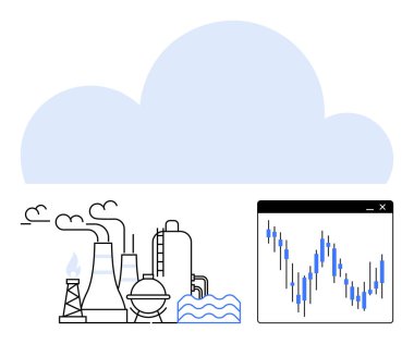 Duman yığınları salınan sanayi fabrikası, büyük bulut, veri analizi grafiği. Çevre çalışmaları, kirlilik izleme, veri analizi, sanayi etkisi, iklim bilimi için ideal