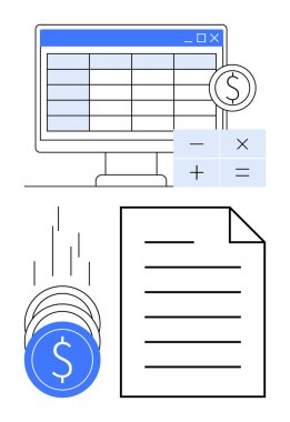 Finansal sembollü bir hesap tablosu, bozuk paraların düşmesi ve bir rapor belgesi gösteren bilgisayar ekranı. Finans, muhasebe, bütçe, iş analizi, mali planlama, veri