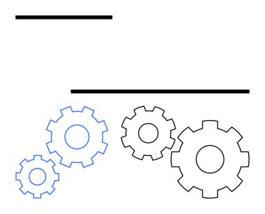 Paralel çizgileri olan birbirine bağlı siyah ve mavi dişliler işbirliğini ve mekanik verimliliği sembolize ediyor. Takım çalışması, mühendislik, üretkenlik, yenilik, organizasyon ve sanayi için ideal