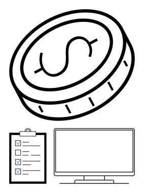 Coin with dollar sign, a clipboard with checklist, and a computer monitor. Ideal for business, finance, project planning, budgeting, office work financial management audits. Line metaphor clipart