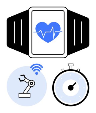 Smartwatch displaying heartbeat robotic arm with wireless signal and stopwatch. Ideal for technology, health, innovation, automation, fitness, time management, efficiency. Line metaphor clipart