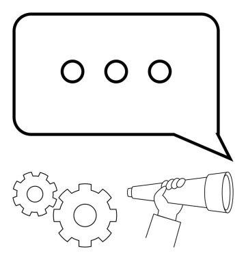 Üç noktalı konuşma balonu, iki dişli tekerlek, el ele tutuşan teleskop. İletişim için ideal, takım çalışması, vizyon, planlama, strateji yenilikleri iş öngörüsü. Satır metaforu