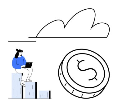 Çubuk grafikte otururken dizüstü bilgisayar kullanan kadın dolar sembollü büyük para ve bulut. Finans, veri analizi, teknoloji, uzaktan çalışma, çevrimiçi iş ekonomisi dijital pazarlama için idealdir. Çizgi