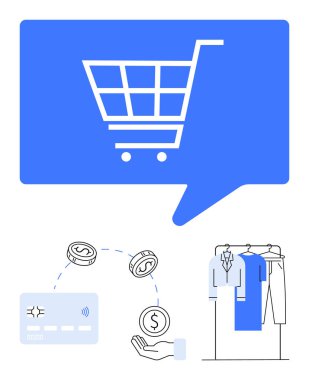 Mavi konuşma balonunda alışveriş arabası, bozuk para ve kredi kartıyla el, asılı kıyafetler. E-ticaret, çevrimiçi alışveriş, ödeme yöntemleri, perakende satış, dijital pazarlama, moda siteleri kullanıcısı için ideal