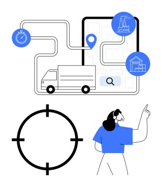 Şehir haritasında gezinen bir teslimat kamyonu, bir fabrika ve depo, kronometre ikonu, kadın lojistik müdürü mekanı gösteriyor. İkmal zinciri yönetimi ve filo takibi için ideal.