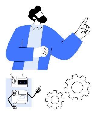 Person with beard and blue jacket pointing upward. Friendly robot gesturing beside two gears. Ideal for technology, automation, innovation, teamwork, cooperation, problem-solving, future. Line clipart