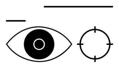Hedef sembolün yanında eşmerkezli daireler çizen göz, soyut çizgilerle ayrılmış. Vizyon, odaklanma, hedef belirleme, gözetleme, hassas tasarım kavramları için idealdir. Satır metaforu