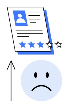 Job profile with three-star rating, frowning face, and upward arrow indicating improvement potential. Ideal for HR assessments, performance reviews, feedback processes, employee development clipart