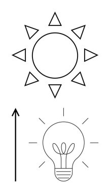 Güneş ışığı, okla bağlı ampulün üzerinde. Enerji, yenilik, yaratıcılık, ilerleme, sürdürülebilirlik, teknoloji, ilham için idealdir. Satır metaforu