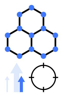 Bağlı altıgenler bir ağ oluşturuyor, mavi düğümler ve siyah çizgiler ile. Yukarıdaki mavi oklar ve aşağıdaki hedef odaklanma sembolü. Teknoloji, büyüme, ağ, hedefler, veri, araştırma planlaması için ideal