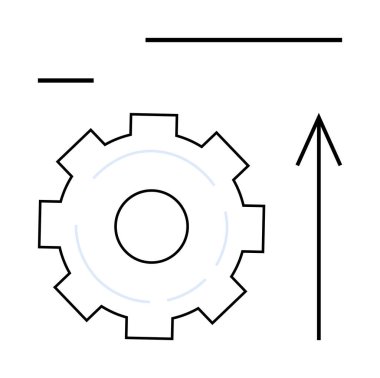 Yukarı doğru ok ve yatay çizgilere bitişik büyük çark. Geliştirme, ilerleme, mühendislik, teknoloji, iş büyümesi, optimizasyon ve mekanik temalar için idealdir. Satır metaforu