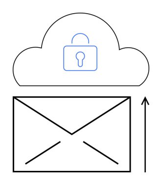 İçinde kilit bulunan zarf, güvenli e-posta depolama veri koruma şifrelemesi ve mahremiyet. Teknoloji, bulut hizmetleri, siber güvenlik, iletişim, gizlilik, şifreleme için ideal. Çizgi