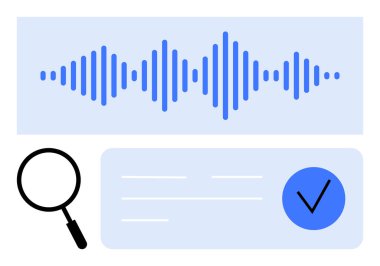 Mavi frekans çubukları, büyüteç ve işaret simgesiyle ses dalgası analizi. Ses düzenleme, ses kalitesi, ses tanıma, veri araması, doğrulama, teknoloji verimliliği için ideal