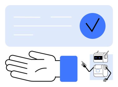 Robotik yardımcı el hareketi işareti sembolü, anten. Teknoloji, yapay zeka, otomasyon, onay, hassasiyet, yardım robot çizgisi metaforu için ideal
