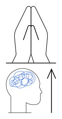 Elleri duanın üstünde, kafası birbirine dolanmış bir şekilde zihinsel karmaşayı işaret ediyor. Yukarı doğru ok, stresin üzerine çıktığını gösteriyor. Temalar için ideal farkındalık, zihinsel sağlık, meditasyon, maneviyat