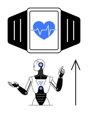 Kalp atışı ekranı olan giyilebilir fitness izleyicisi, yukarı doğru hareket eden bir robot. Sağlık teknolojisi için ideal, giyilebilir cihazlar, fitness izleme, sağlık hizmetlerinde yapay zeka, fütüristik kavramlar, yenilikler