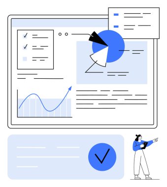 Büyük ekran görüntüleme grafiği, satır grafiği, kontrol listesi ve metin kutuları. Bilgileri işaret eden tabletli biri. İş analizleri, veri görselleştirmesi, proje yönetimi için ideal