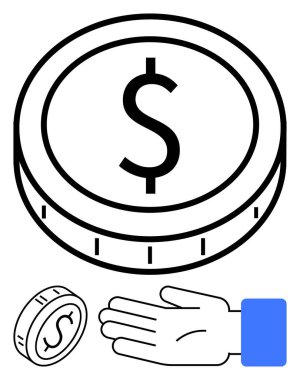 Dolar işaretli büyük para, küçük bozuk para ve mavi kollu el. Finans, ekonomi, tasarruf, işlemler, bağışlar için ideal para değişimi. Satır metaforu