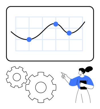 Businesswoman pointing at a data visualization chart with three data points. Two gear icons symbolize settings or operations. Ideal for business, analytics, presentations, strategy, workflow clipart