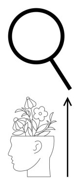 Magnifying glass above head filled with plants and arrow pointing upwards. Ideal for creativity, growth, exploration, innovation, learning, mindfulness, inspiration. Line metaphor clipart