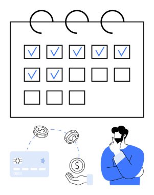 Finansal planlamayı düşünen bir adam. Çekler, ödeme kartları ve bozuk paralarla işaretlenmiş bir takvim. Finansal planlama, bütçe, zaman yönetimi, hedef belirleme, kişisel finans için ideal