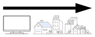 Bilgisayar monitörü çatılarda güneş panelleri olan kentsel binaları gösteriyor. Akıllı şehirler için ideal, yenilenebilir enerji, sürdürülebilirlik, kentsel planlama, teknoloji entegrasyonu, gelecekteki yaşam