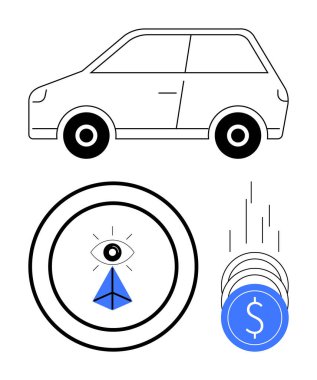 Car side view, concentric circles with yacht and eye, falling coins with dollar sign. Ideal for automotive, finance, investing, luxury, security transportation technology topics. Line metaphor clipart