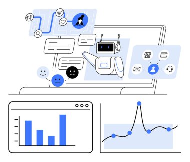Sohbet robotlu dizüstü bilgisayar, veri tabloları ve iletişim, analiz ve kullanıcı etkileşimi için çeşitli simgeler. Temalar için ideal AI teknolojisi, müşteri hizmetleri, veri analizi, dijital