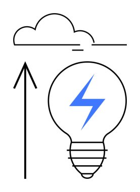 Mavi şimşek sembollü ampul, yukarıda bulut ve yukarı doğru ok. Yenilik için ideal, enerji, yaratıcılık, beyin fırtınası, elektrik ilerleme gücü. Satır metaforu