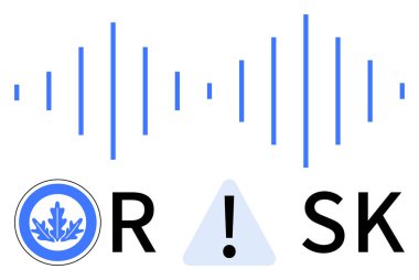 Soundwave pattern above text ORISK with leaf symbol inside a circle, and exclamation mark in a triangle. Ideal for audio, health, environment, risk management, safety, sound analysis, and design clipart