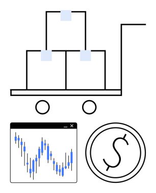 İçinde üç kutu istiflenmiş el arabası, mali tabloyu gösteren bir bilgisayar penceresi ve yuvarlak para birimi olan bir araba. Lojistik, nakliye, mali analiz, e-ticaret, ticaret, ticaret için ideal