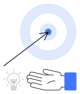 El, ampul ve ok hedefi vuruyor. Hedef belirleme, strateji, yenilik, başarı motivasyon hassasiyet vizyonu için idealdir. Siyah mavi beyaz renk şeması. Satır metaforu