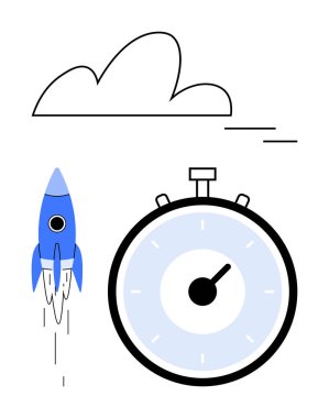 Roket fırlatma kronometre bulutu tasvir edildi. Anahtar temalar verimlilik verimlilik zaman yönetimi, yenilik, ilerleme, hedef belirleme. Teknoloji, iş, eğitim ve proje planlaması için ideal