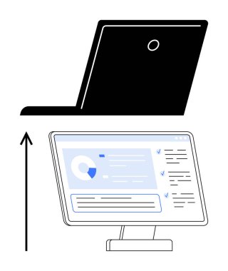 Dizüstü bilgisayar okla masaüstü ekranına kayıyor. Üretkenlik, verimlilik, teknoloji, güncellemeler, geçişler, uzaktan çalışma, dijital ilerleme için ideal. Satır metaforu