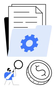 Büyüteçle belgeleri inceleyen adam, vites simgesi olan mavi klasör ve dolar sikkesi. Mali analiz, soruşturma, iş operasyonları, araştırma, denetleme, belge yönetimi için ideal