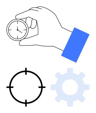 El ele tutuşan saat, siyah hedef çember, açık mavi dişli tekerlek zaman yönetimi, doğruluk, verimlilik, verimlilik, dakiklik, planlama. İş takvimi proje yönetimi için ideal